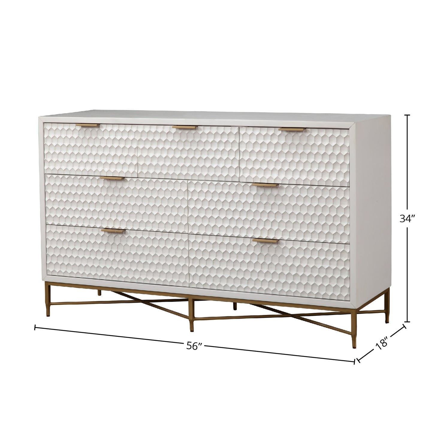 Dimension diagram of Cotton Candy white textured 7-drawer dresser.