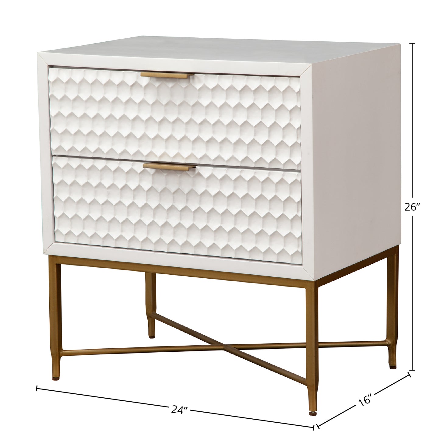Dimension diagram of Cotton Candy white textured 2-drawer nightstand.