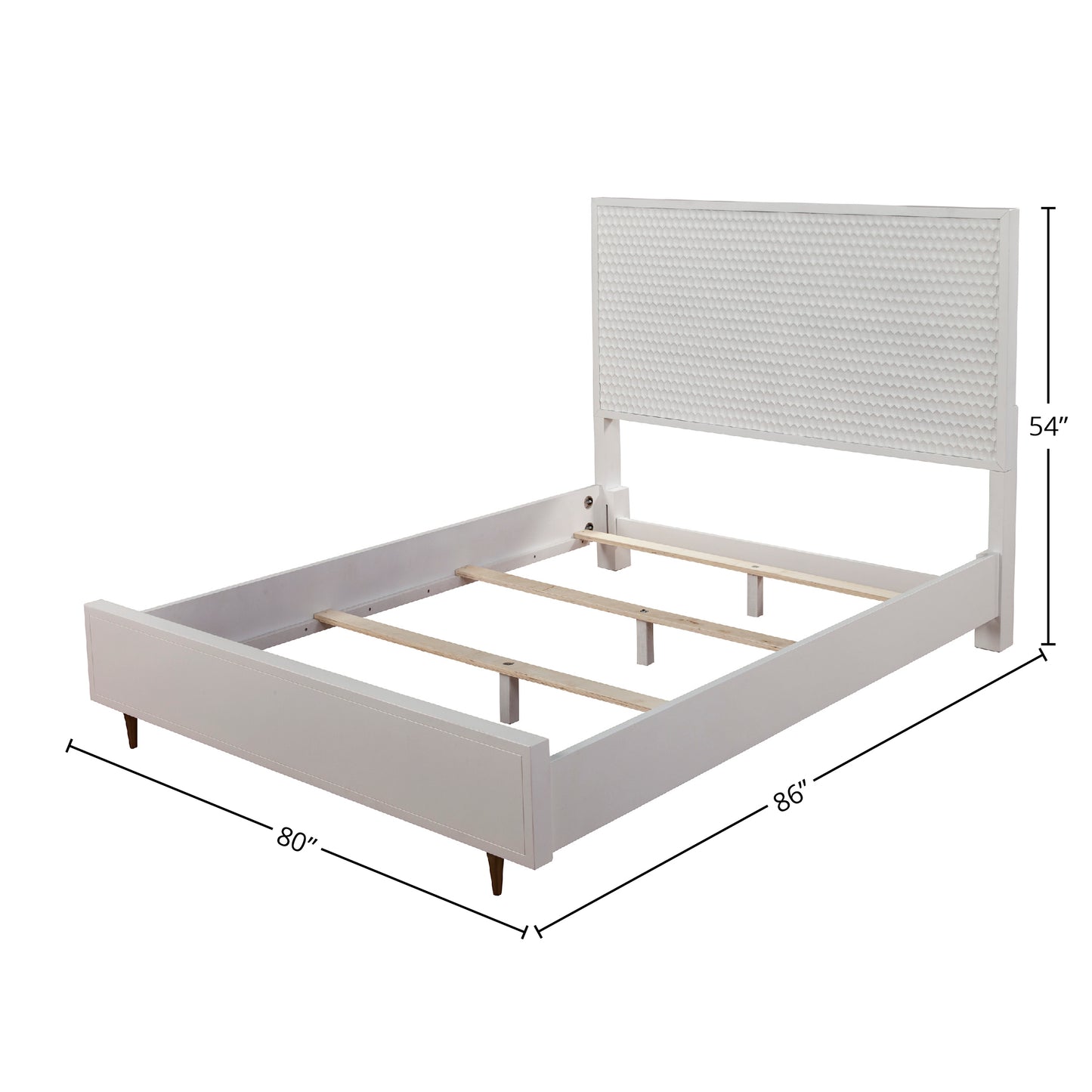 Cotton Candy luxury white king panel bed frame with dimensions and sculpted texture headboard.