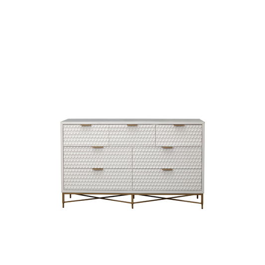 Cotton Candy white 7-drawer dresser with sculpted texture and gold accents.