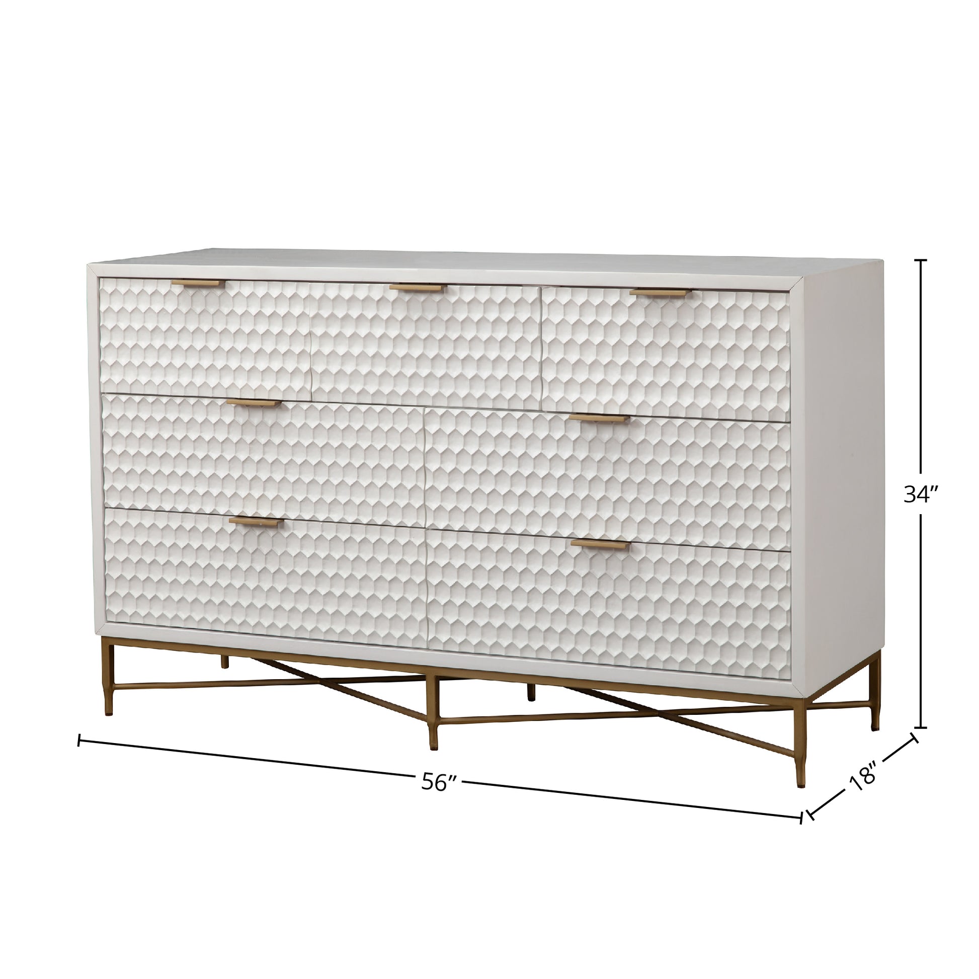 Dimension diagram of Cotton Candy white textured 7-drawer dresser.