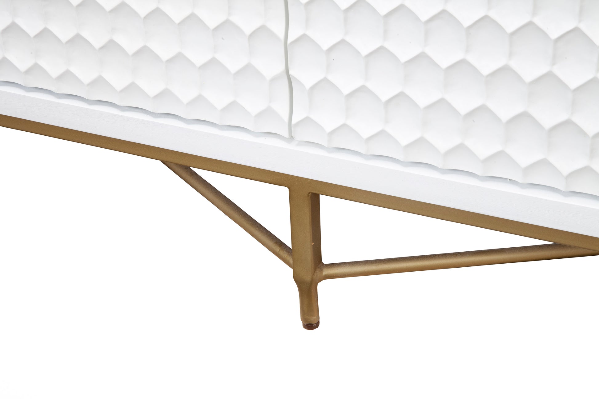 Gold metal base detail on Cotton Candy white dresser.