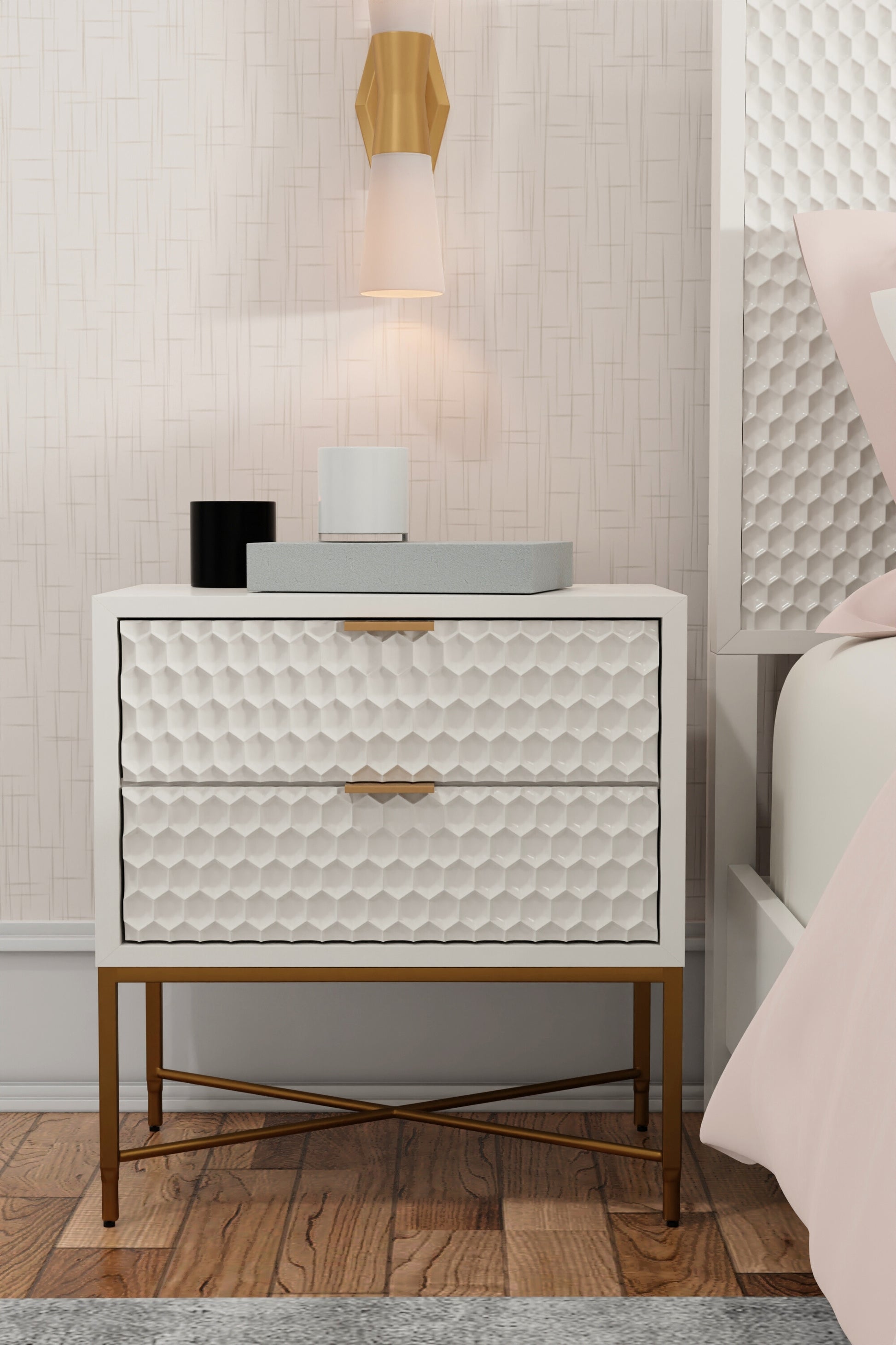 Cotton Candy white textured nightstand styled beside bed in luxury bedroom.