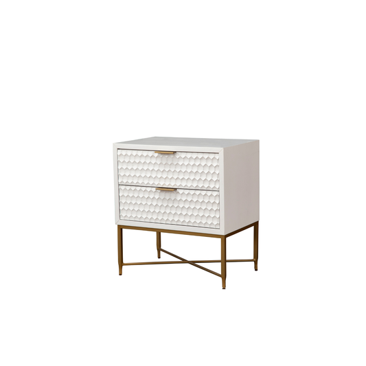Cotton Candy white 2-drawer nightstand with textured design and gold base.