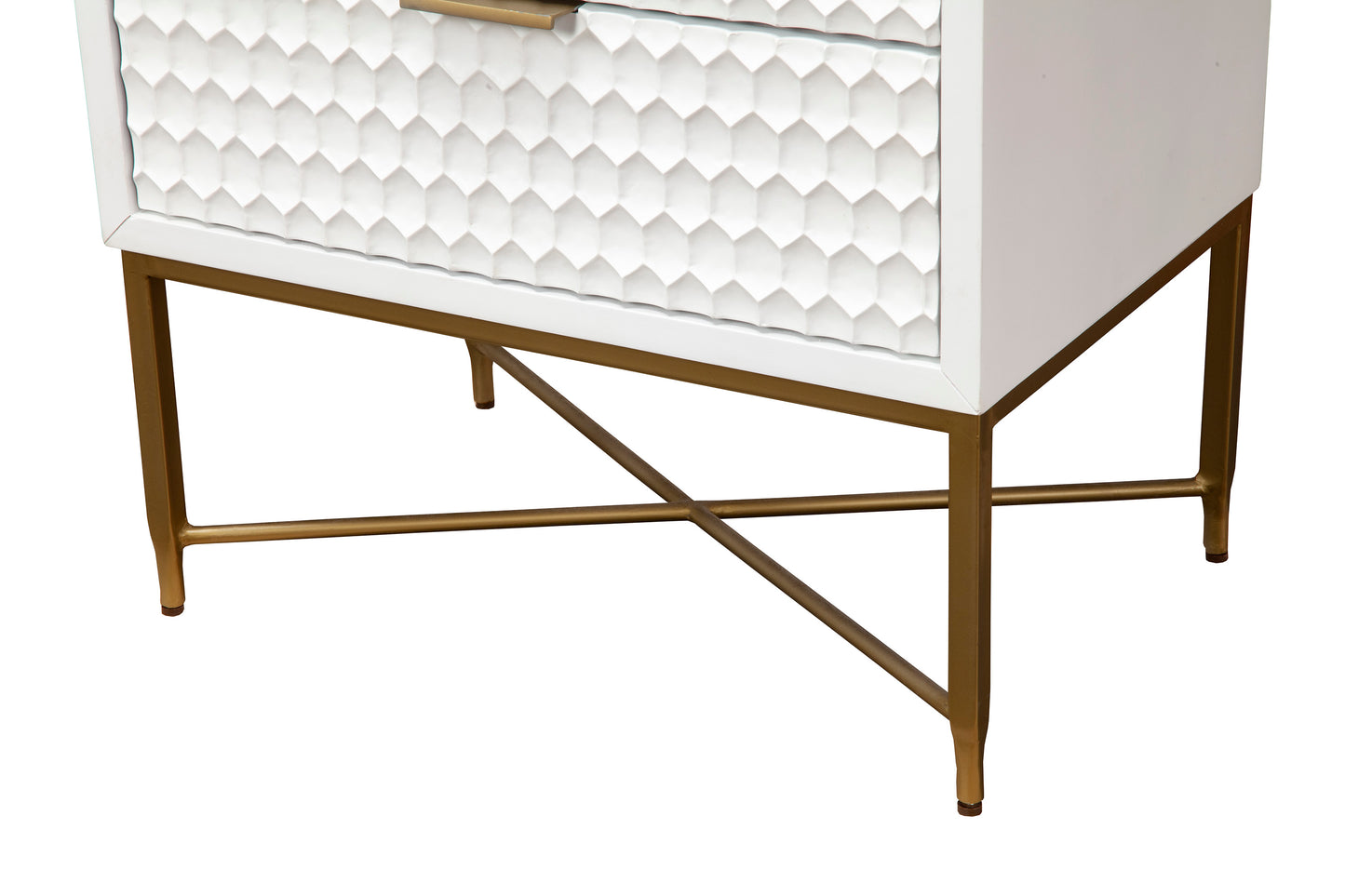 Gold metal base detail on Cotton Candy white nightstand.
